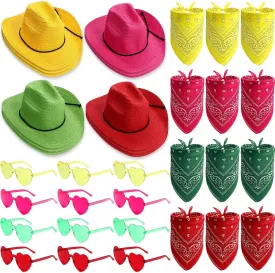 12 Pieces Straw Cowboy Hats with Bandanas and Glasses, Costume Hat Accessories for Birthday Western Theme Party Supplies