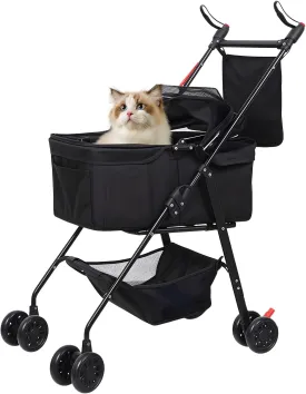 2 in 1 Collapsible Pet Stroller with Sun Shade Cloth, 4 Wheel Design, Small/Medium Pet Travel Stroller, Breathable Mesh Window, High Handle, Portable, Black