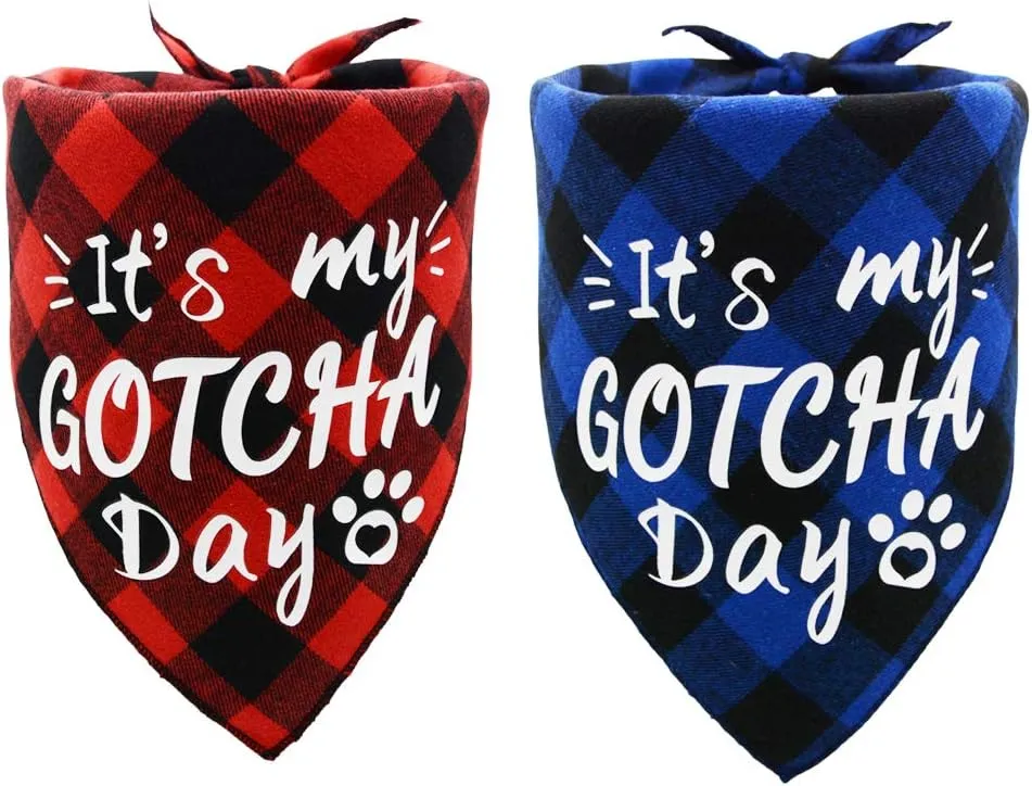 2 Pack Its My Gotcha Day Print Dog Birthday Bandana for Boys and Girls Scarf Bibs Accessories for Pet Birthday Gift Red and Blue