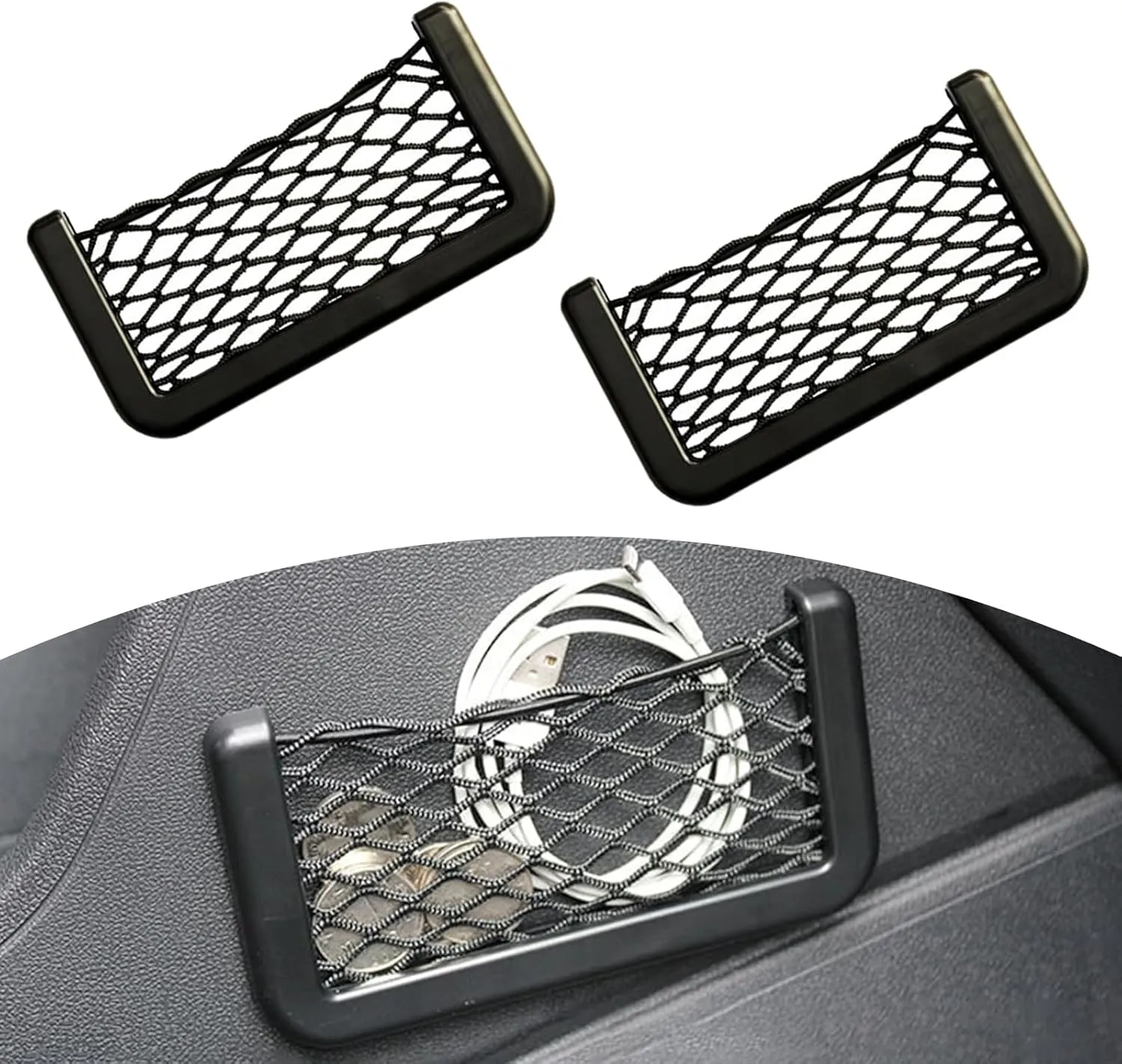 2 PCS Car Interior Storage Bag, 5.9" x 3.3" Multifunctional Organizer for Mobile Phones Cigarettes Sunglasses, Elastic Mesh   ABS Frame Super Load-bearing Pocket, Universal for Cars (Black)