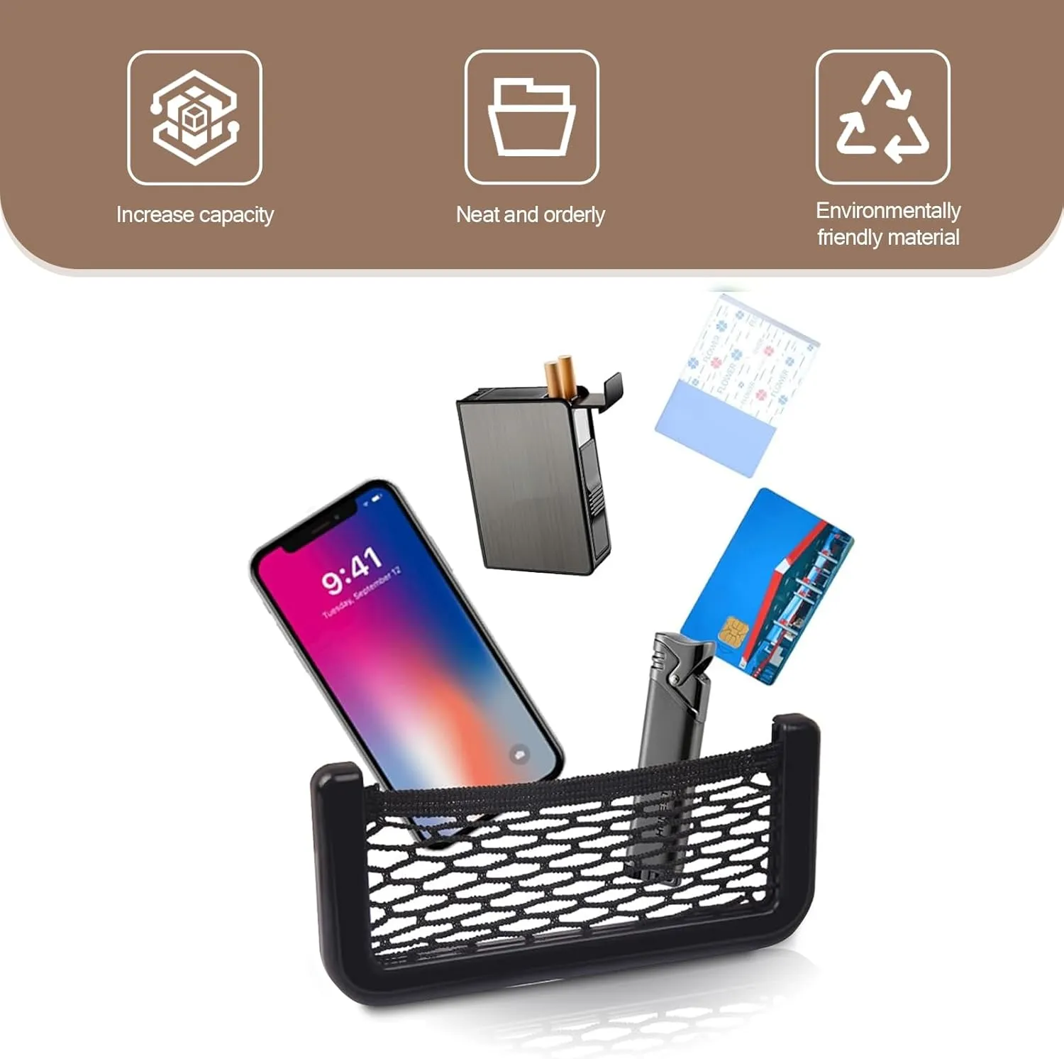 2 PCS Car Interior Storage Bag, 5.9" x 3.3" Multifunctional Organizer for Mobile Phones Cigarettes Sunglasses, Elastic Mesh   ABS Frame Super Load-bearing Pocket, Universal for Cars (Black)