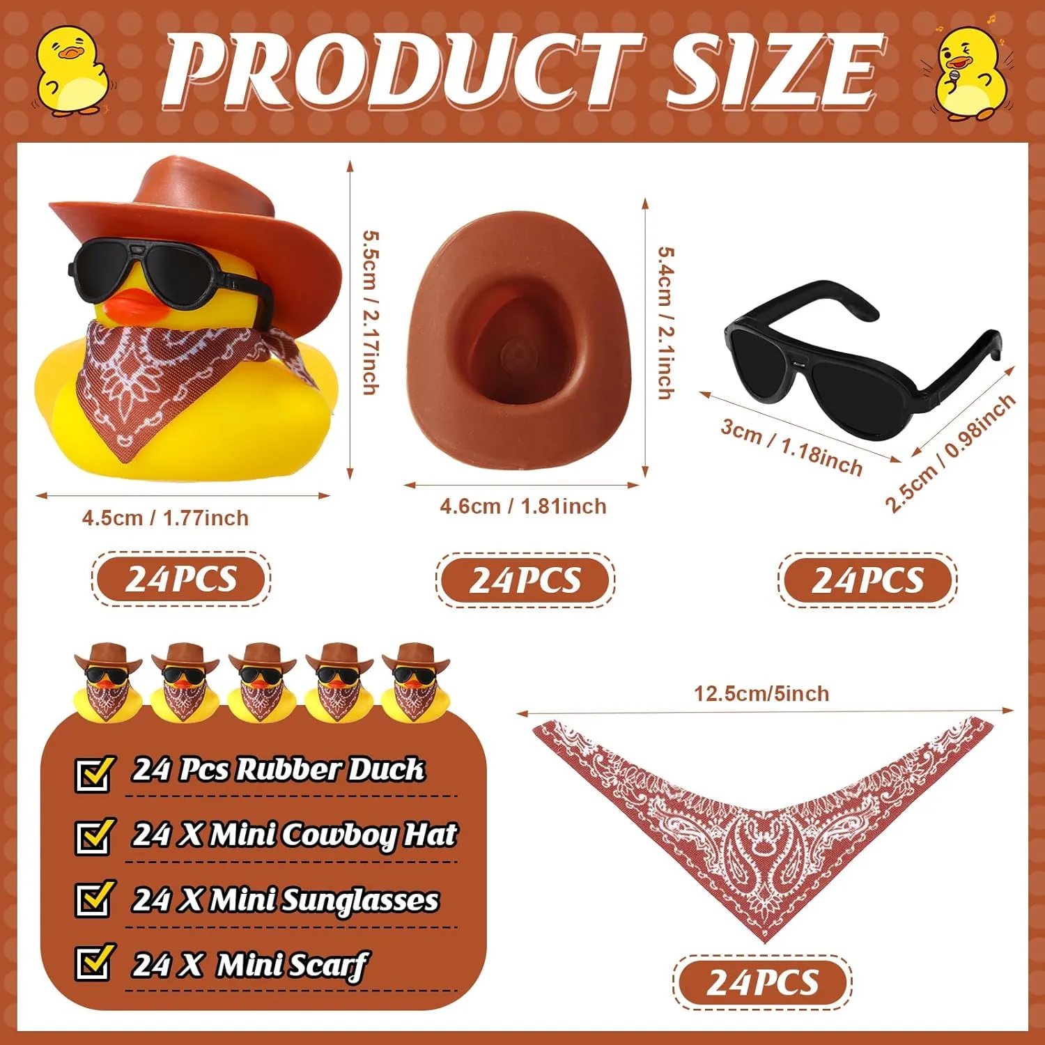 24 Set Cowboy Rubber Duck Mini Yellow Duckies Bath Party Toy Tiny Ducks Bathtub Toy with Cowboy Hat Paisley Bandanas Sunglasses for Summer Baby Shower Birthday Swimming Party Favor (Brown)