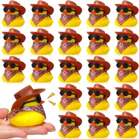 24 Set Cowboy Rubber Duck Mini Yellow Duckies Bath Party Toy Tiny Ducks Bathtub Toy with Cowboy Hat Paisley Bandanas Sunglasses for Summer Baby Shower Birthday Swimming Party Favor (Brown)