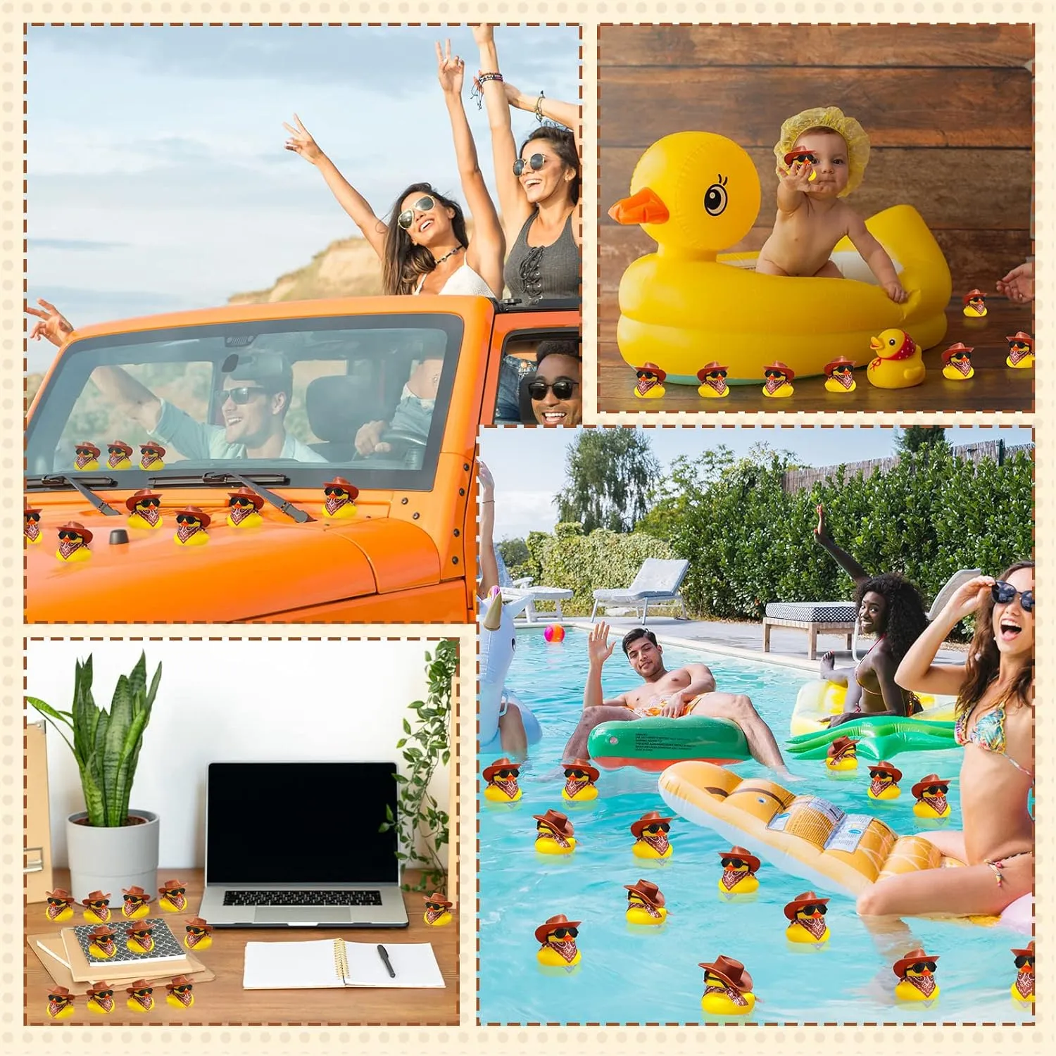 24 Set Cowboy Rubber Duck Mini Yellow Duckies Bath Party Toy Tiny Ducks Bathtub Toy with Cowboy Hat Paisley Bandanas Sunglasses for Summer Baby Shower Birthday Swimming Party Favor (Brown)