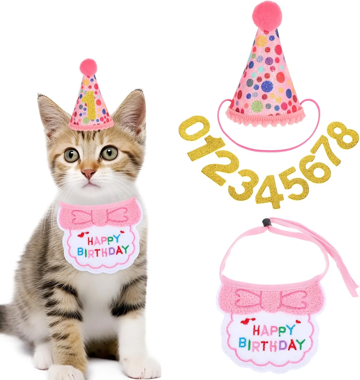 3Pcs Cat Birthday Party Supplies, Cat Dog Birthday Hat Bandana Tie with Numbers Collar Dog Tutu Hat Scarf Decorations Suitable Small to Medium Sized Cats Dogs (Pink White Gold)