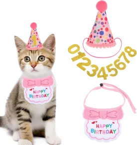3Pcs Cat Birthday Party Supplies, Cat Dog Birthday Hat Bandana Tie with Numbers Collar Dog Tutu Hat Scarf Decorations Suitable Small to Medium Sized Cats Dogs (Pink White Gold)