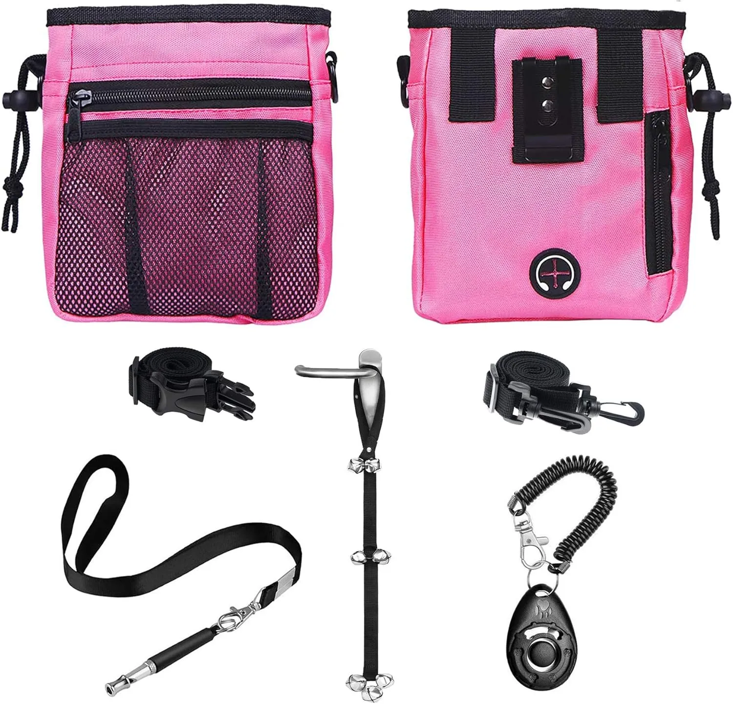 4-in-1 Dog Training Set, Puppy Training Treats- Dog Treat Training Pouch, Dog Whistle, Dog Doorbells, Dog Clicker, Ideal Gift for First Time Pet Owners, Training Dog Owners (Pink)