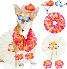 6 Pcs Halloween Pet Dog Hawaiian Costume Includes Tutu Skirt Sunglasses Summer Grass Dresses with Straw Hat and Garland Pet Outfit Costumes for Puppy Hawaii Luau Party Supplies