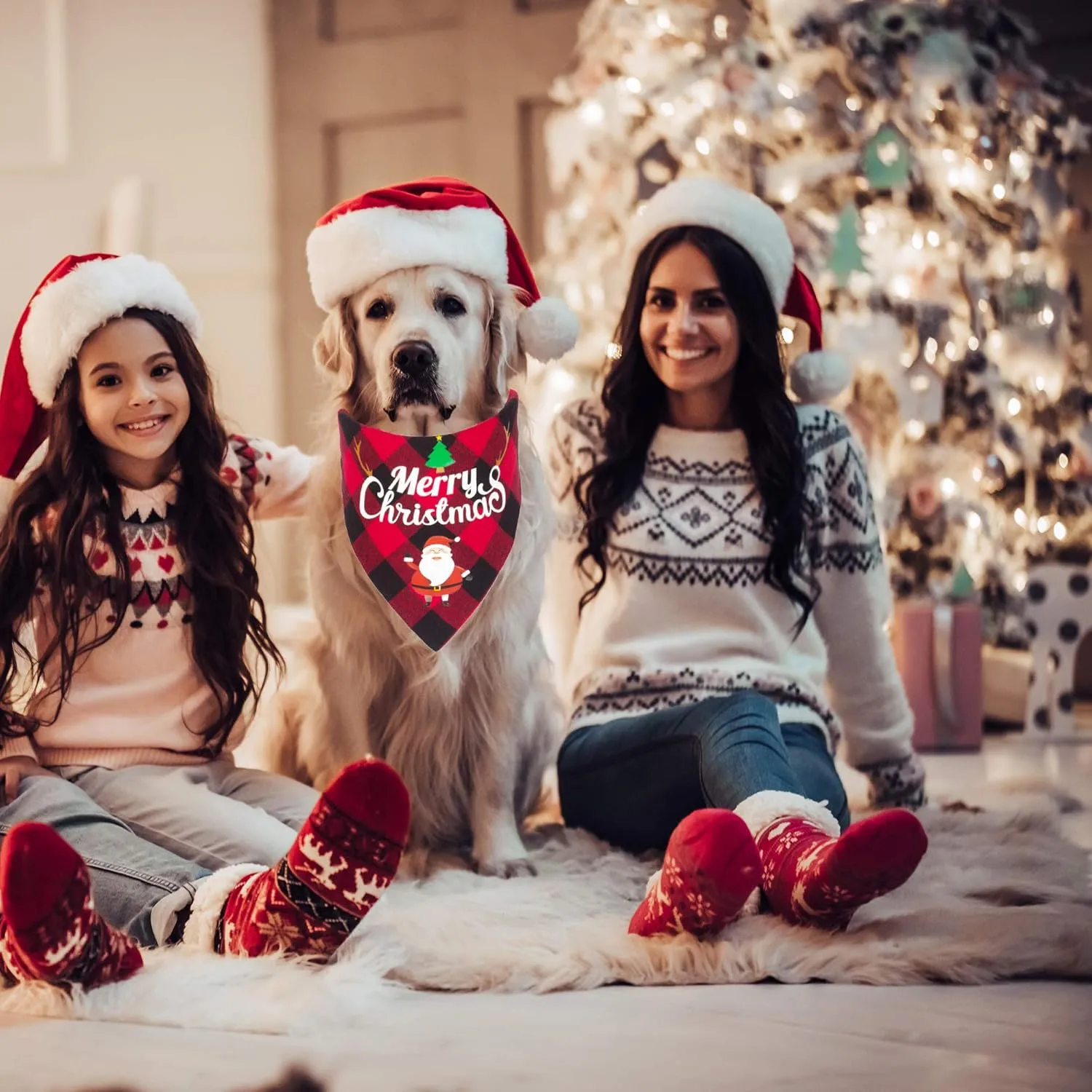 ADOGGYGO 2 Pack Dog Bandana Christmas Classic Plaid Pet Scarf Triangle Bibs Kerchief Merry Christmas Red Santa Snowman Bandana for Large X-Large Dogs Pets (X-Large)
