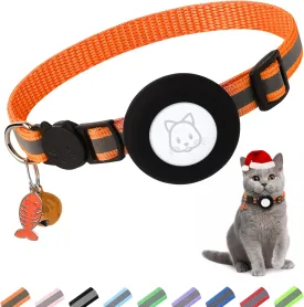 Airtag Cat Collar, Air tag Cat Collar with Bell and Safety Buckle in 3/8" Width, Reflective Collar with Waterproof Airtag Holder Compatible with Apple Airtag for Cat Dog Kitten Puppy (Orange)