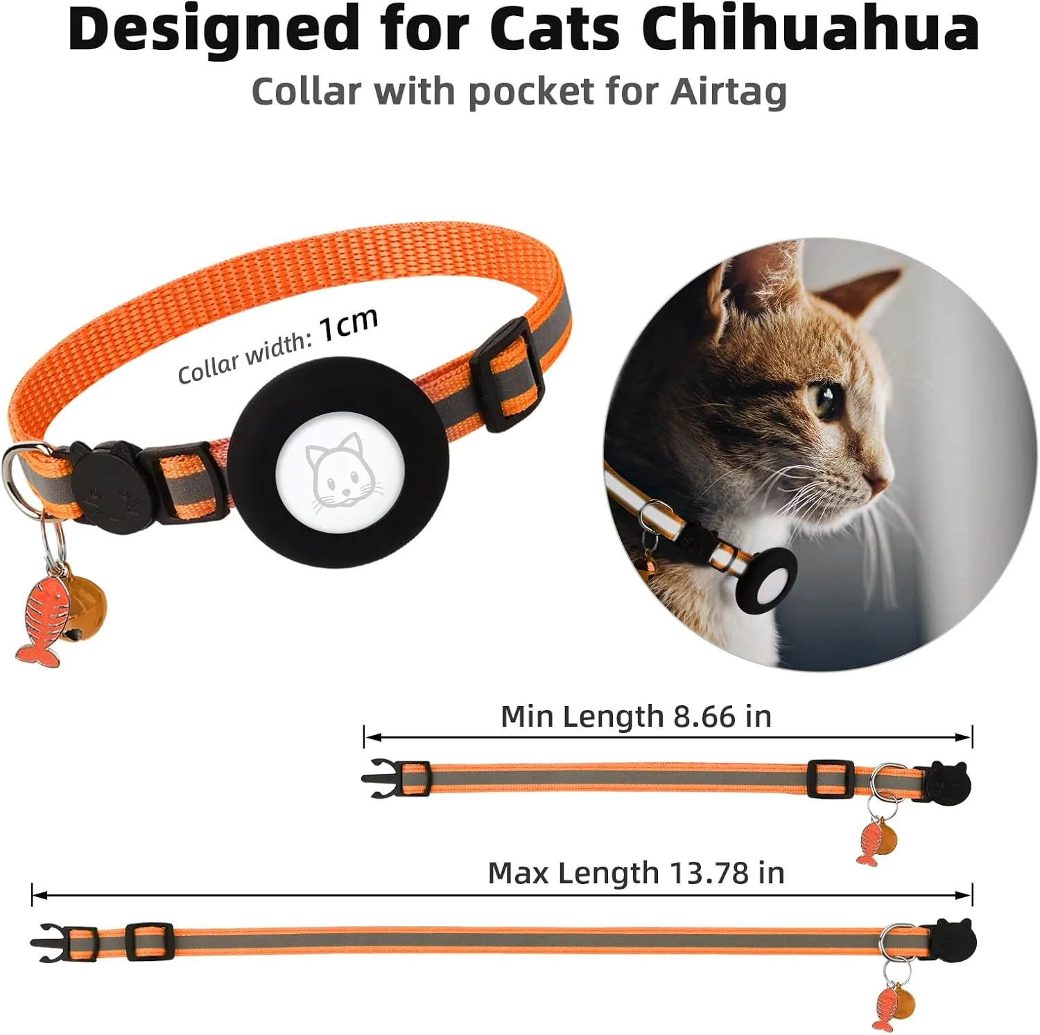 Airtag Cat Collar, Air tag Cat Collar with Bell and Safety Buckle in 3/8" Width, Reflective Collar with Waterproof Airtag Holder Compatible with Apple Airtag for Cat Dog Kitten Puppy (Orange)
