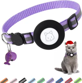Airtag Cat Collar, Air tag Cat Collar with Bell and Safety Buckle in 3/8" Width, Reflective Collar with Waterproof Airtag Holder Compatible with Apple Airtag for Cat Dog Kitten Puppy (Purple)