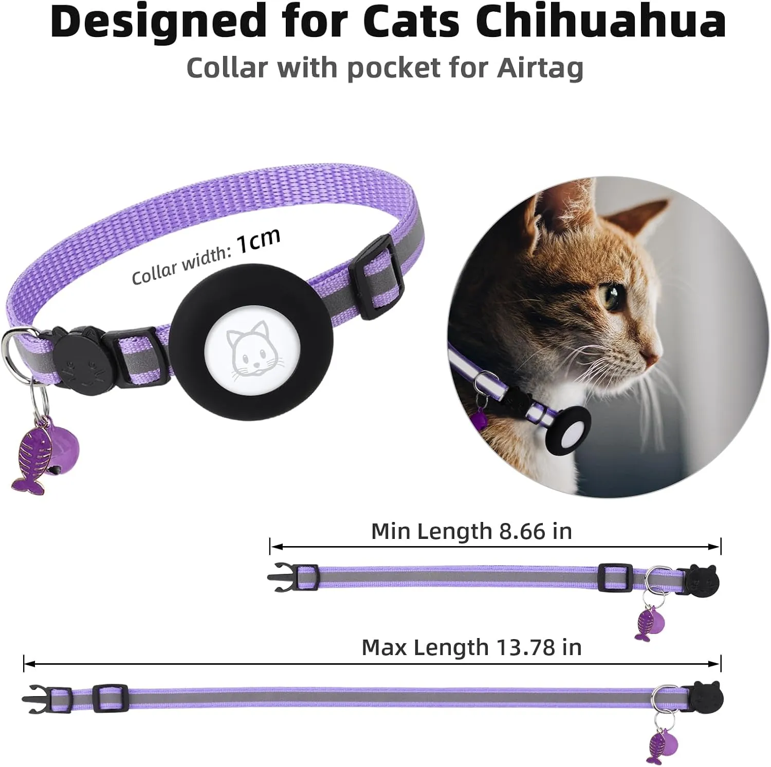 Airtag Cat Collar, Air tag Cat Collar with Bell and Safety Buckle in 3/8" Width, Reflective Collar with Waterproof Airtag Holder Compatible with Apple Airtag for Cat Dog Kitten Puppy (Purple)