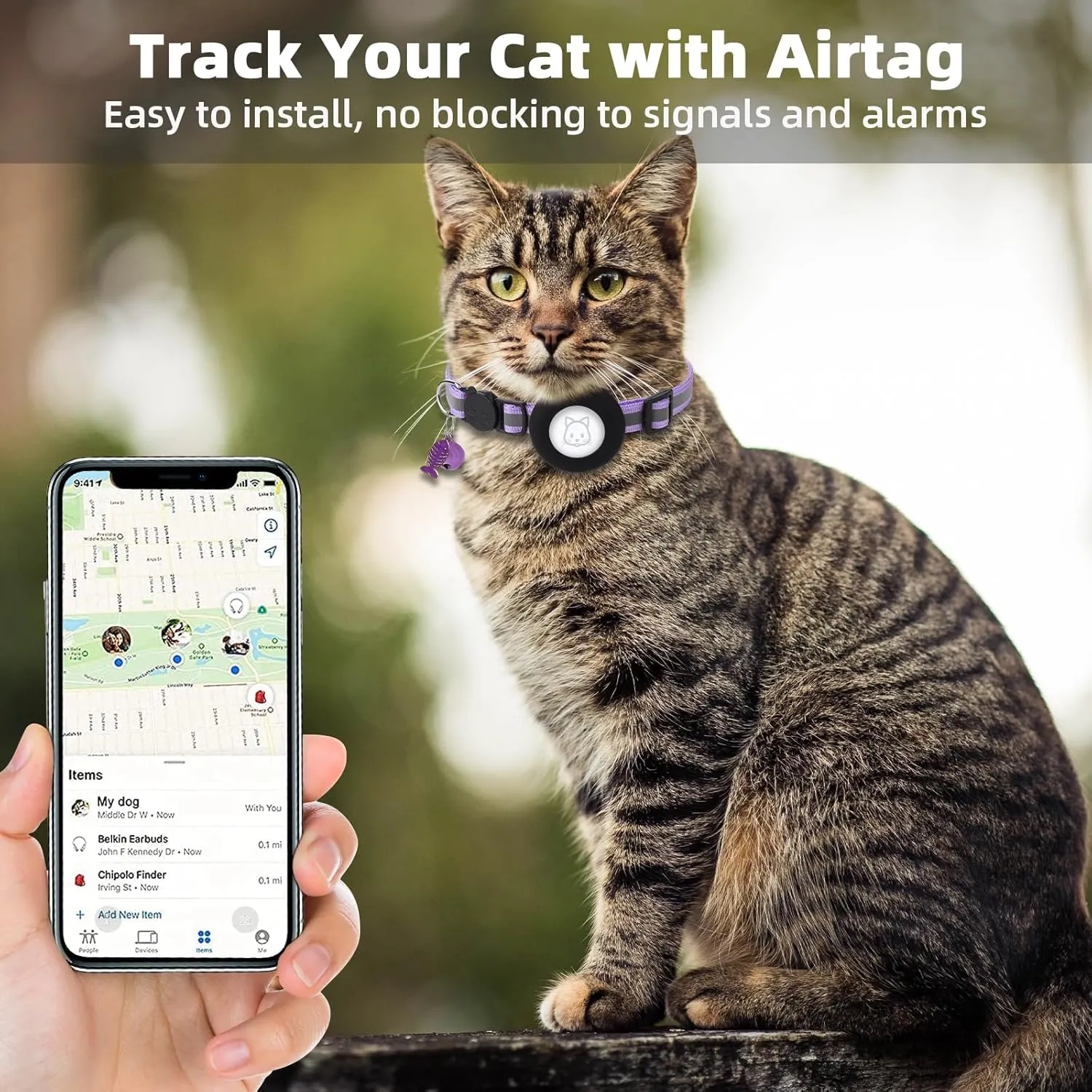 Airtag Cat Collar, Air tag Cat Collar with Bell and Safety Buckle in 3/8" Width, Reflective Collar with Waterproof Airtag Holder Compatible with Apple Airtag for Cat Dog Kitten Puppy (Purple)