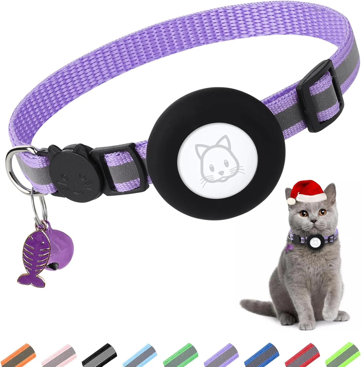 Airtag Cat Collar, Air tag Cat Collar with Bell and Safety Buckle in 3/8" Width, Reflective Collar with Waterproof Airtag Holder Compatible with Apple Airtag for Cat Dog Kitten Puppy (Purple)