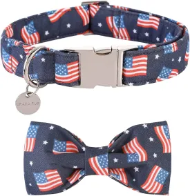 American Flag Dog Collar with Bow Tie, 4th of July Comfortable Cotton Cute Dog Collar with Metal Buckle, Patriotic Bowtie Collar for Puppy Girl Boy Dog, L