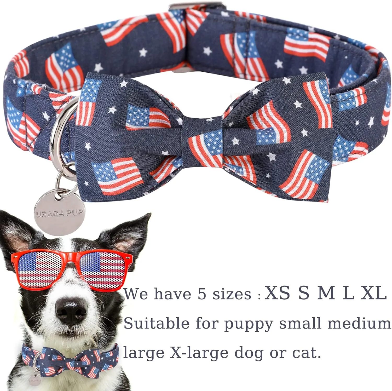 American Flag Dog Collar with Bow Tie, 4th of July Comfortable Cotton Cute Dog Collar with Metal Buckle, Patriotic Bowtie Collar for Puppy Girl Boy Dog, L