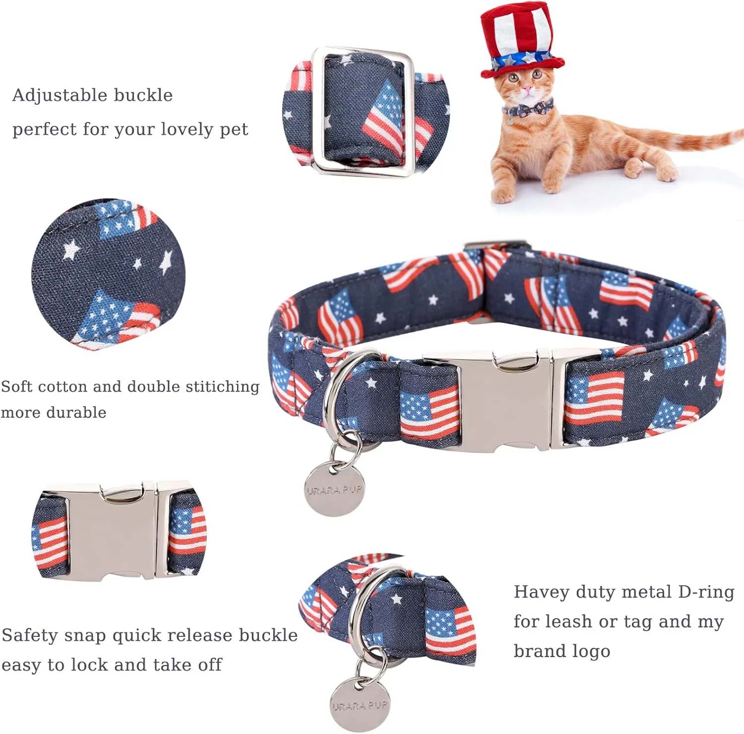 American Flag Dog Collar with Bow Tie, 4th of July Comfortable Cotton Cute Dog Collar with Metal Buckle, Patriotic Bowtie Collar for Puppy Girl Boy Dog, L