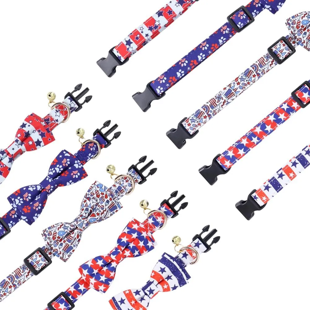 American Flag Dog Collar with Removable Cute Bow Tie Adjustable Patriotic 4th of July Pet Collars Independence Day Large