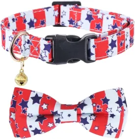 American Flag Dog Collar with Removable Cute Bow Tie Adjustable Patriotic 4th of July Pet Collars Independence Day Large