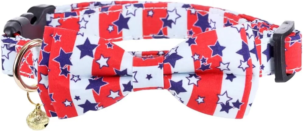 American Flag Dog Collar with Removable Cute Bow Tie Adjustable Patriotic 4th of July Pet Collars Independence Day Large