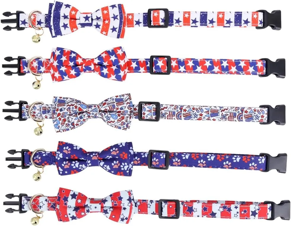 American Flag Dog Collar with Removable Cute Bow Tie Adjustable Patriotic 4th of July Pet Collars Independence Day Large