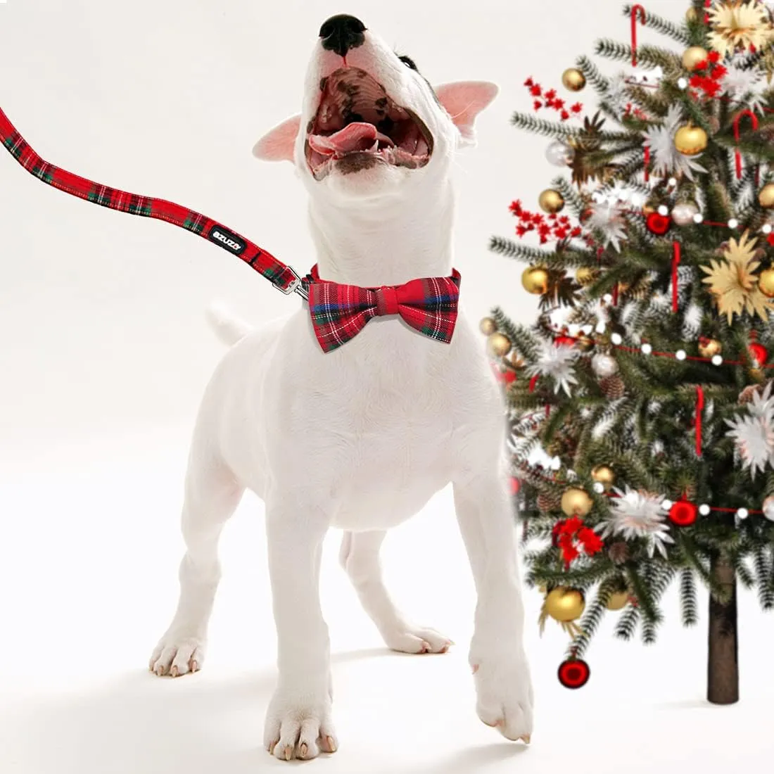 azuza Christmas Buffalo Dog Collar and Leash Set, Classic Plaid Collar with Removable Bowtie and Matching Leash for Large Dogs