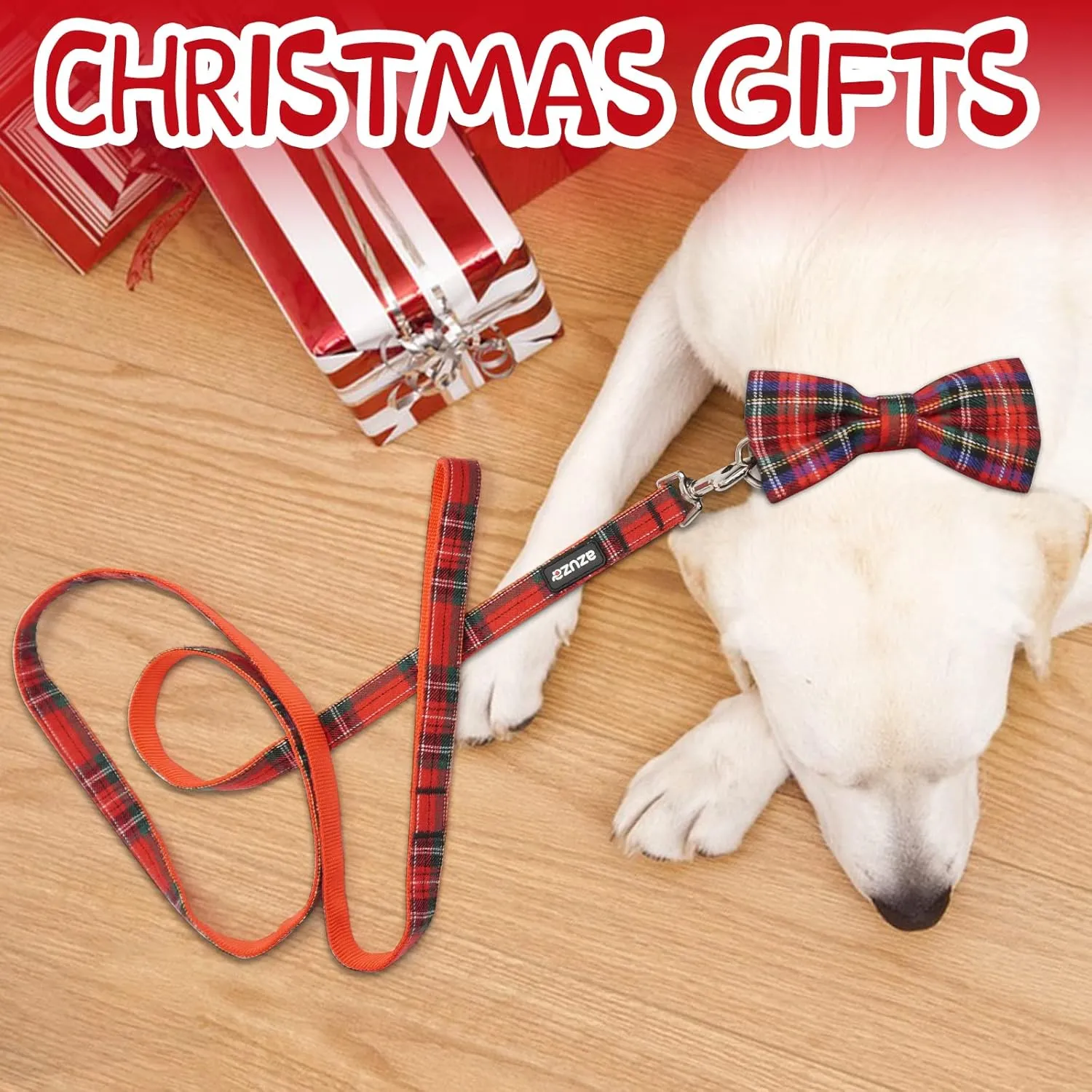 azuza Christmas Buffalo Dog Collar and Leash Set, Classic Plaid Collar with Removable Bowtie and Matching Leash for Large Dogs