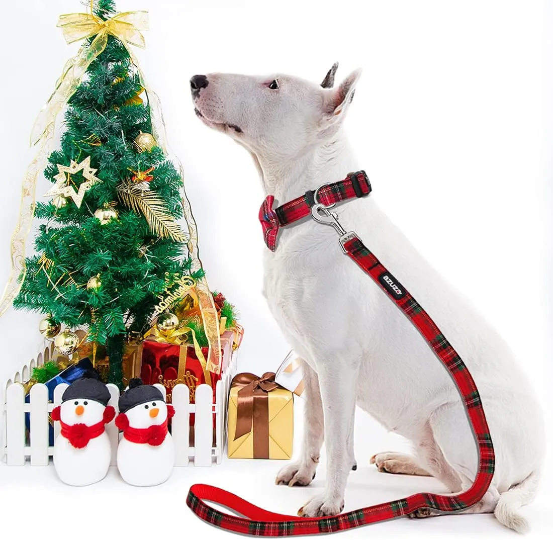 azuza Christmas Buffalo Dog Collar and Leash Set, Classic Plaid Collar with Removable Bowtie and Matching Leash for Large Dogs
