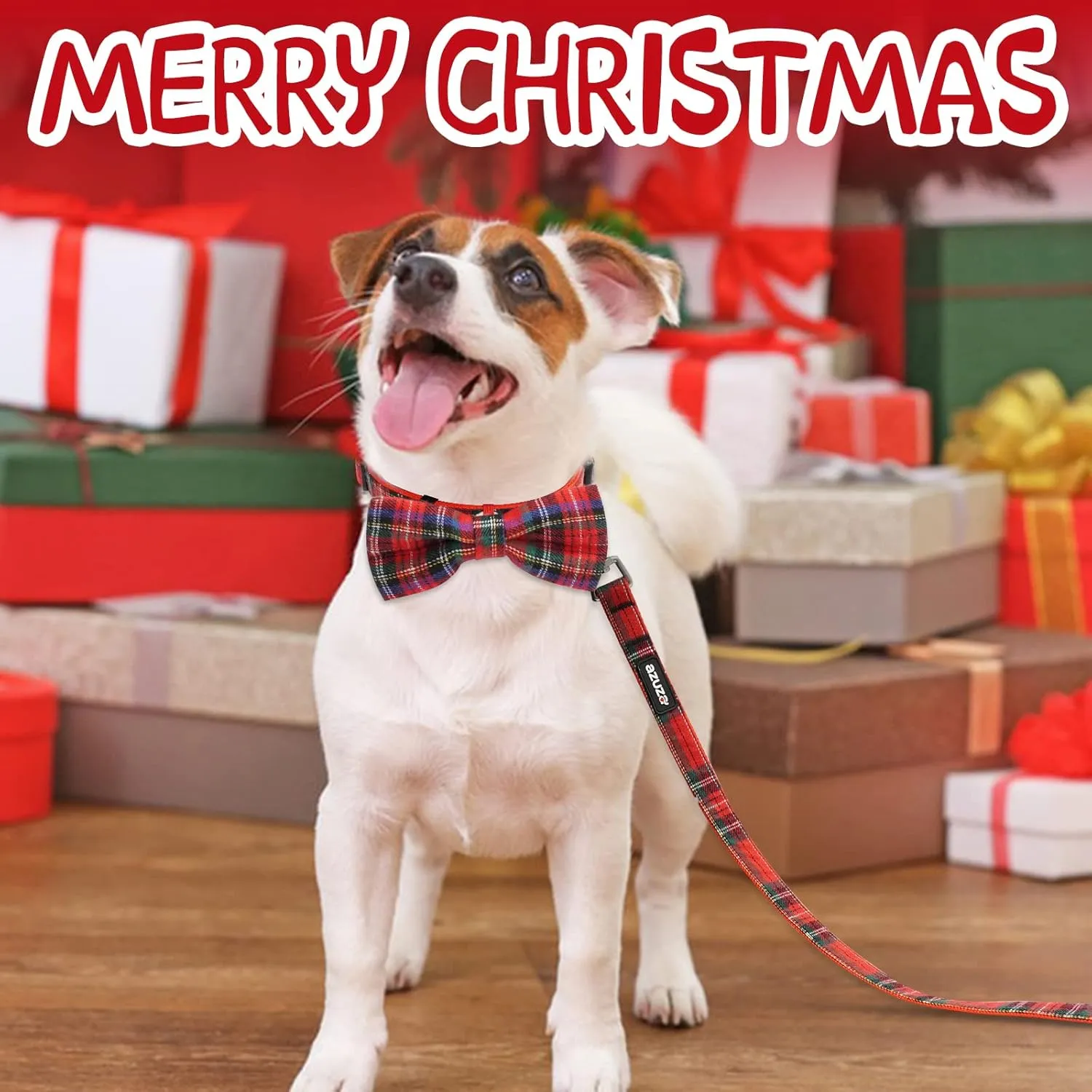 azuza Christmas Buffalo Dog Collar and Leash Set, Classic Plaid Collar with Removable Bowtie and Matching Leash for Large Dogs