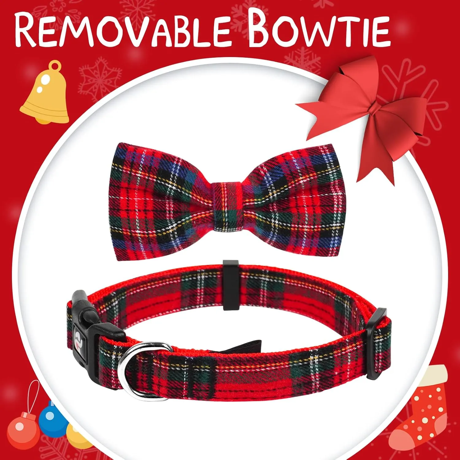 azuza Christmas Buffalo Dog Collar and Leash Set, Classic Plaid Collar with Removable Bowtie and Matching Leash for Large Dogs