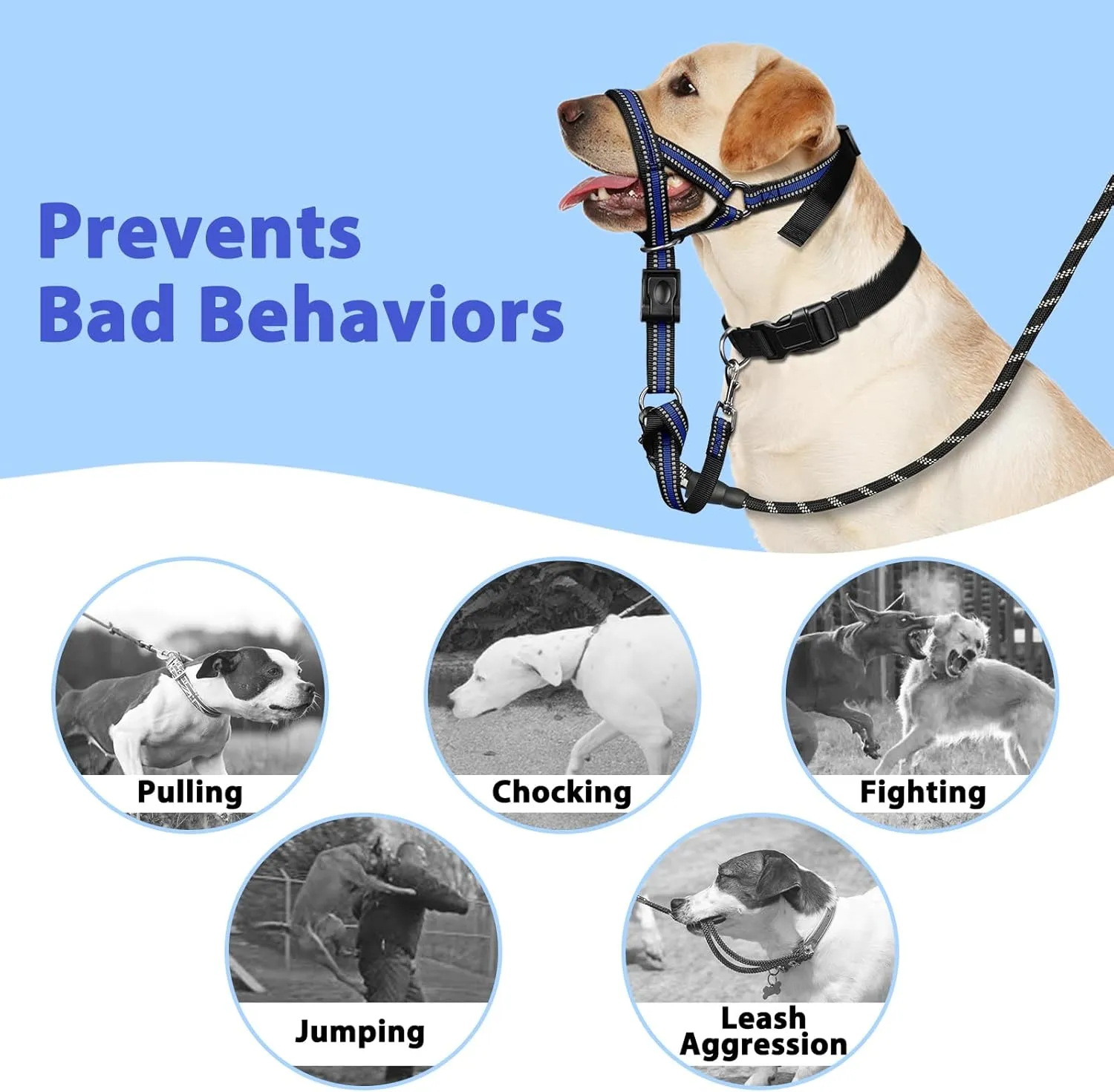 BARKLESS Soft Dog Head Collar, Patented Padded No Pull Head Halter, Training Nose Leash with Safety Link for Medium Large Dogs, Adjustable Muzzle Leash, Easy Control for Walking(Blue, XL)