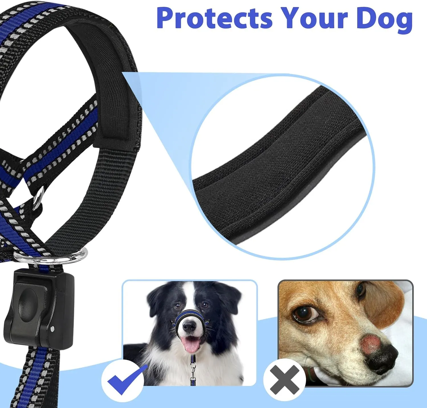 BARKLESS Soft Dog Head Collar, Patented Padded No Pull Head Halter, Training Nose Leash with Safety Link for Medium Large Dogs, Adjustable Muzzle Leash, Easy Control for Walking(Blue, XL)