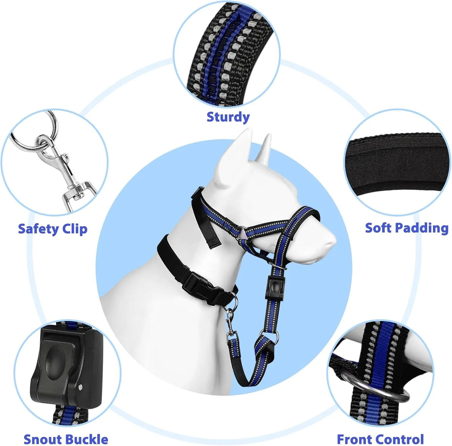 BARKLESS Soft Dog Head Collar, Patented Padded No Pull Head Halter, Training Nose Leash with Safety Link for Medium Large Dogs, Adjustable Muzzle Leash, Easy Control for Walking(Blue, XL)