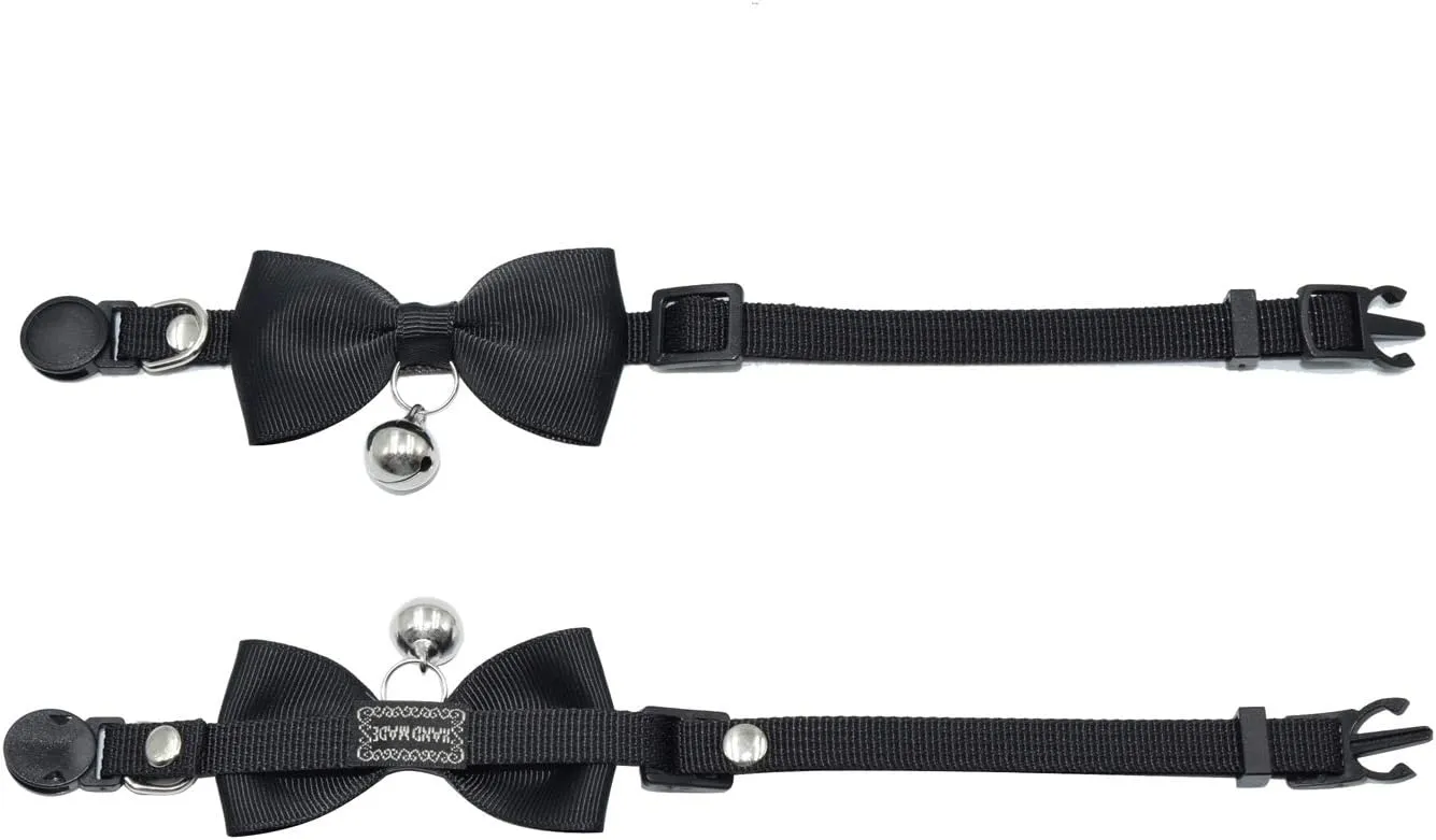 Breakaway Cat Collar, Safe Release Clasp, Handmade Bowtie, Clear Bell, Nylon Material, for Adult Cats.(Black)