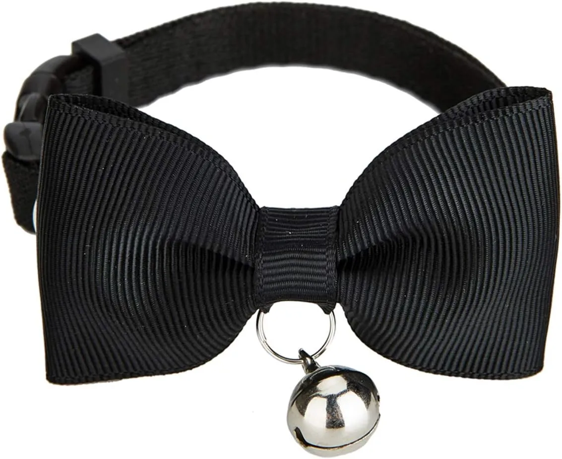 Breakaway Cat Collar, Safe Release Clasp, Handmade Bowtie, Clear Bell, Nylon Material, for Adult Cats.(Black)