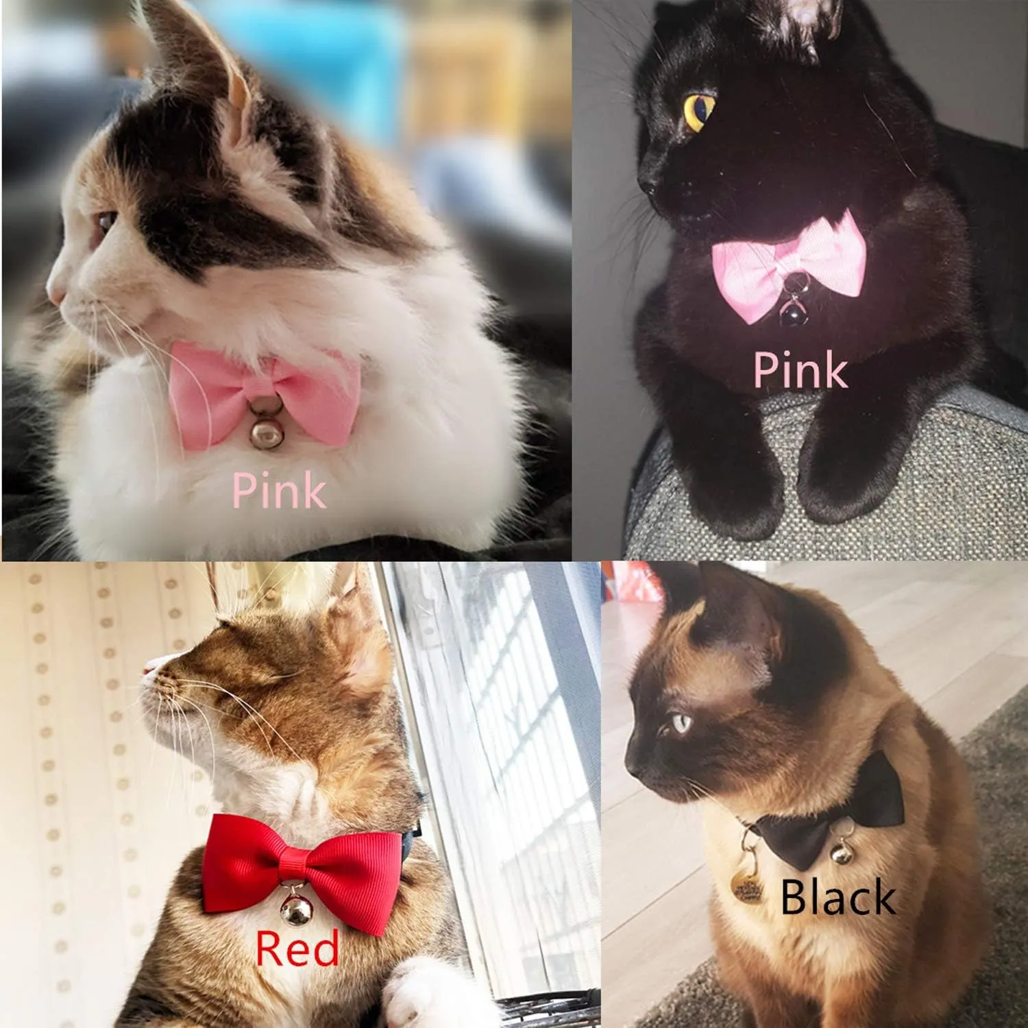 Breakaway Cat Collar, Safe Release Clasp, Handmade Bowtie, Clear Bell, Nylon Material, for Adult Cats.(Black)
