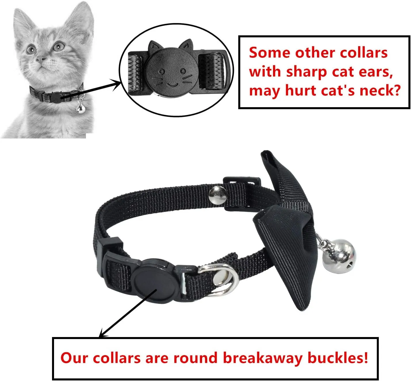 Breakaway Cat Collar, Safe Release Clasp, Handmade Bowtie, Clear Bell, Nylon Material, for Adult Cats.(Black)