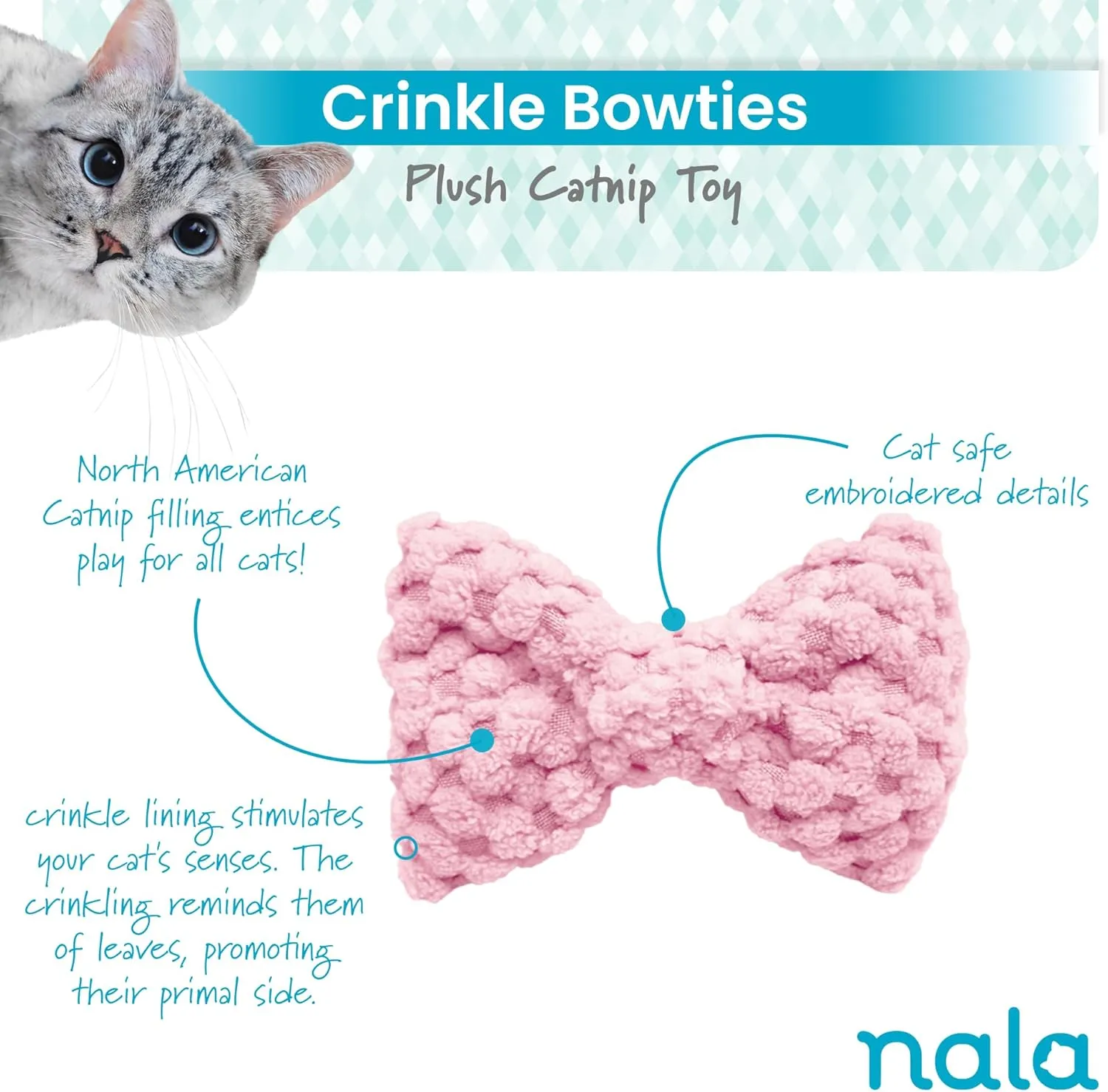 Caitec Presents Nala Cat Crinkle Bowties - Interactive Catnip Toy - Chase & Play, 6 Pack