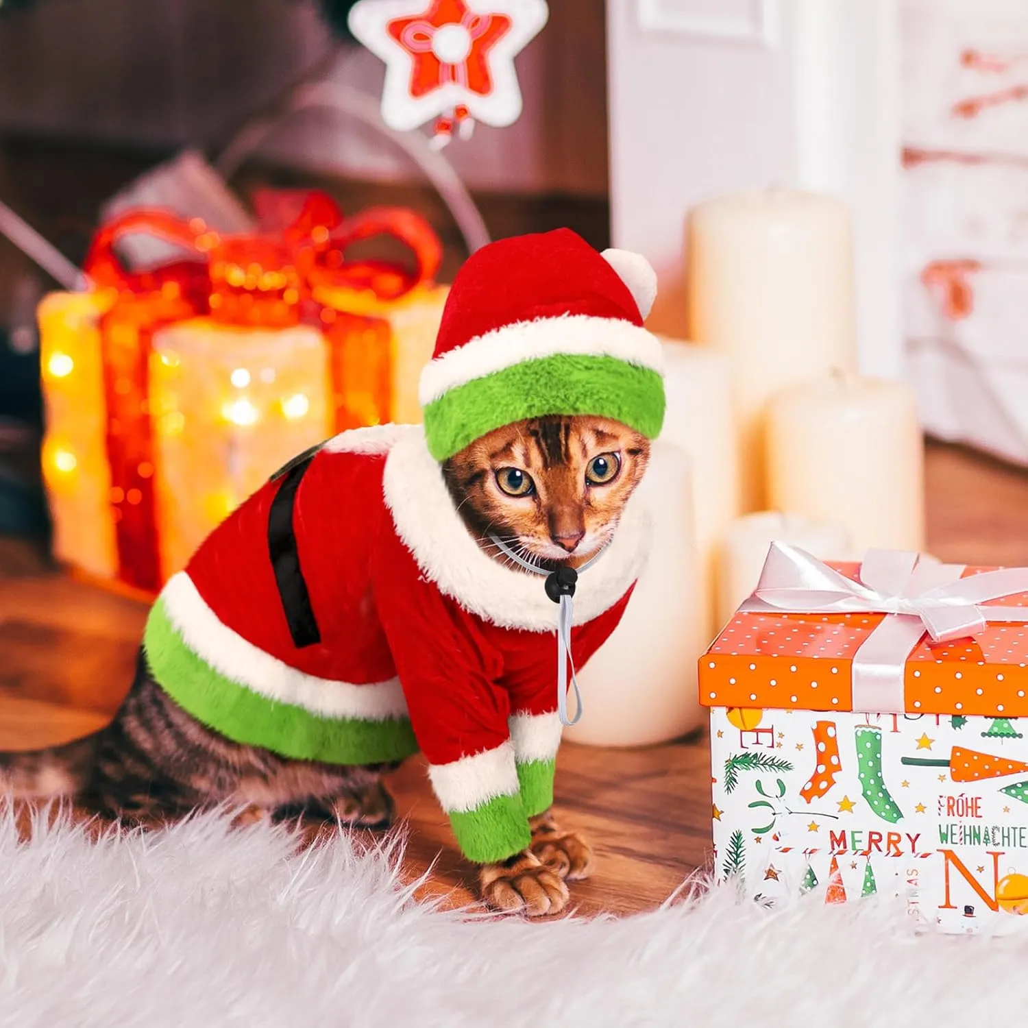 Cat Christmas Costume Lime Green Character Pet Outfit Holiday Green Furry Pet Velvet Costume Cosplay Outfit Cute Funny Christmas Dogs and Cats Clothes for Party Favors(Medium)