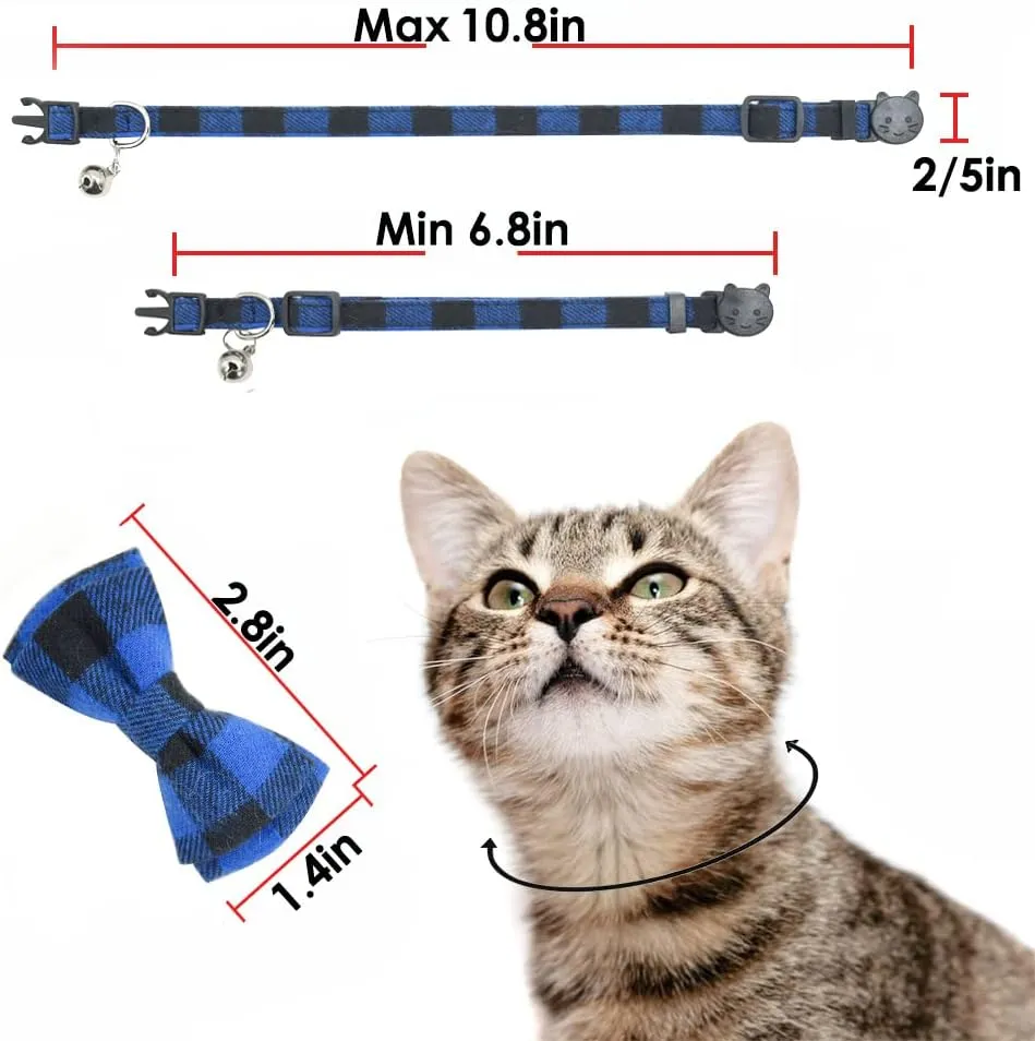 Cat Collar Breakaway with Bell and Bow Tie, Plaid Design Adjustable Safety Kitty Kitten Collars(6.8-10.8in) (Blue Plaid 3)