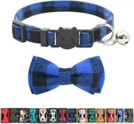 Cat Collar Breakaway with Bell and Bow Tie, Plaid Design Adjustable Safety Kitty Kitten Collars(6.8-10.8in) (Blue Plaid 3)