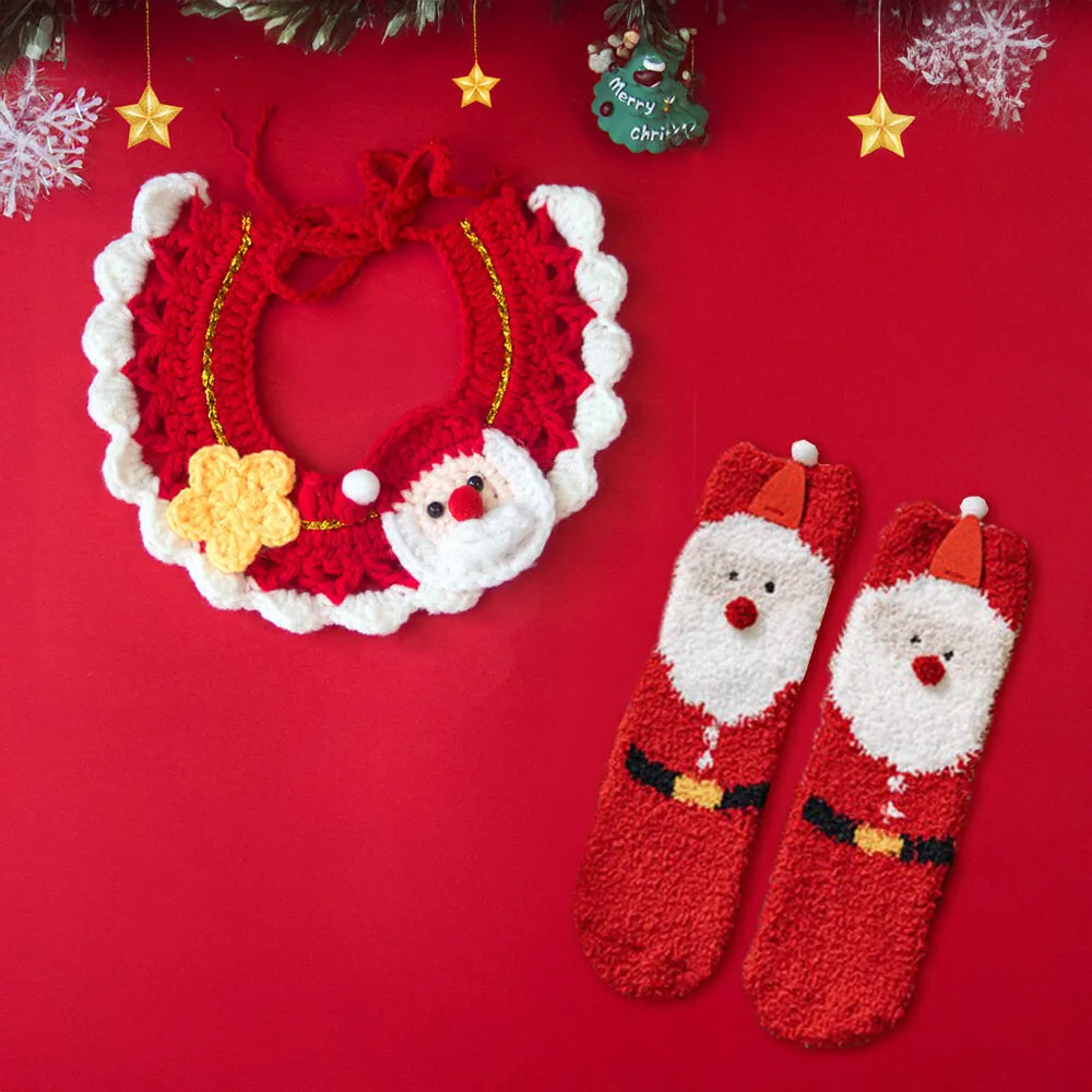 Christmas Santa Claus Knitted Scarf Matching Socks For Pet And Owner
