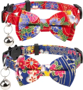 Collar for Cat Pet Breakaway with Bell Bowtie Detachable Bow Adjustable Safety Kitten Puppy Girl Boy 2pcs Navy Blue & Red