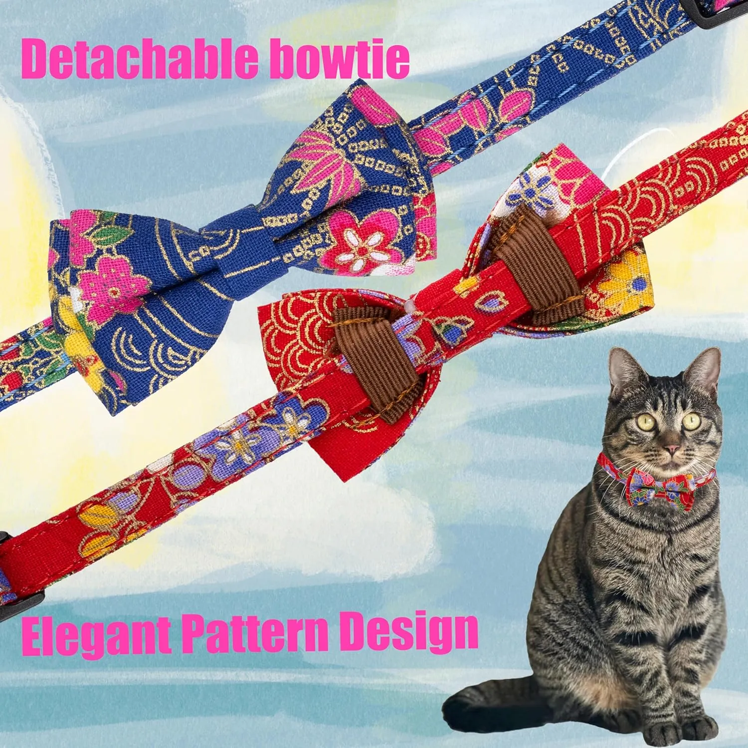Collar for Cat Pet Breakaway with Bell Bowtie Detachable Bow Adjustable Safety Kitten Puppy Girl Boy 2pcs Navy Blue & Red