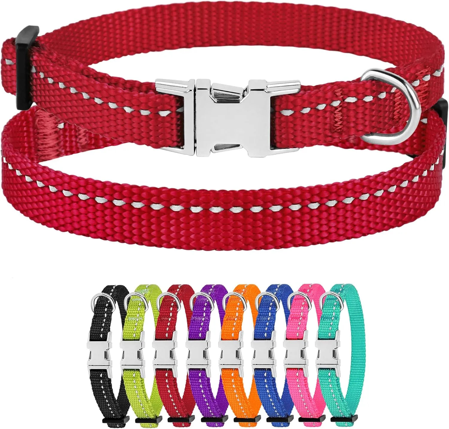 CollarDirect Reflective Dog Collar for a Small, Medium, Large Dog or Puppy with a Quick Release Buckle - Boy and Girl - Nylon Suitable for Swimming (7-11 Inch, Red)