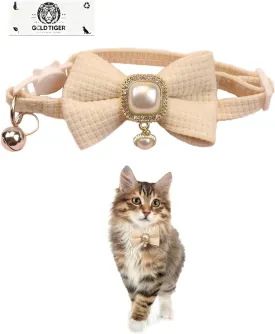 Cute Bowtie Cat Collar with Bell Breakaway, Jewelry Pendant for Girl Cats, Adjustable 8-13 Inch for Kitten (Beige)