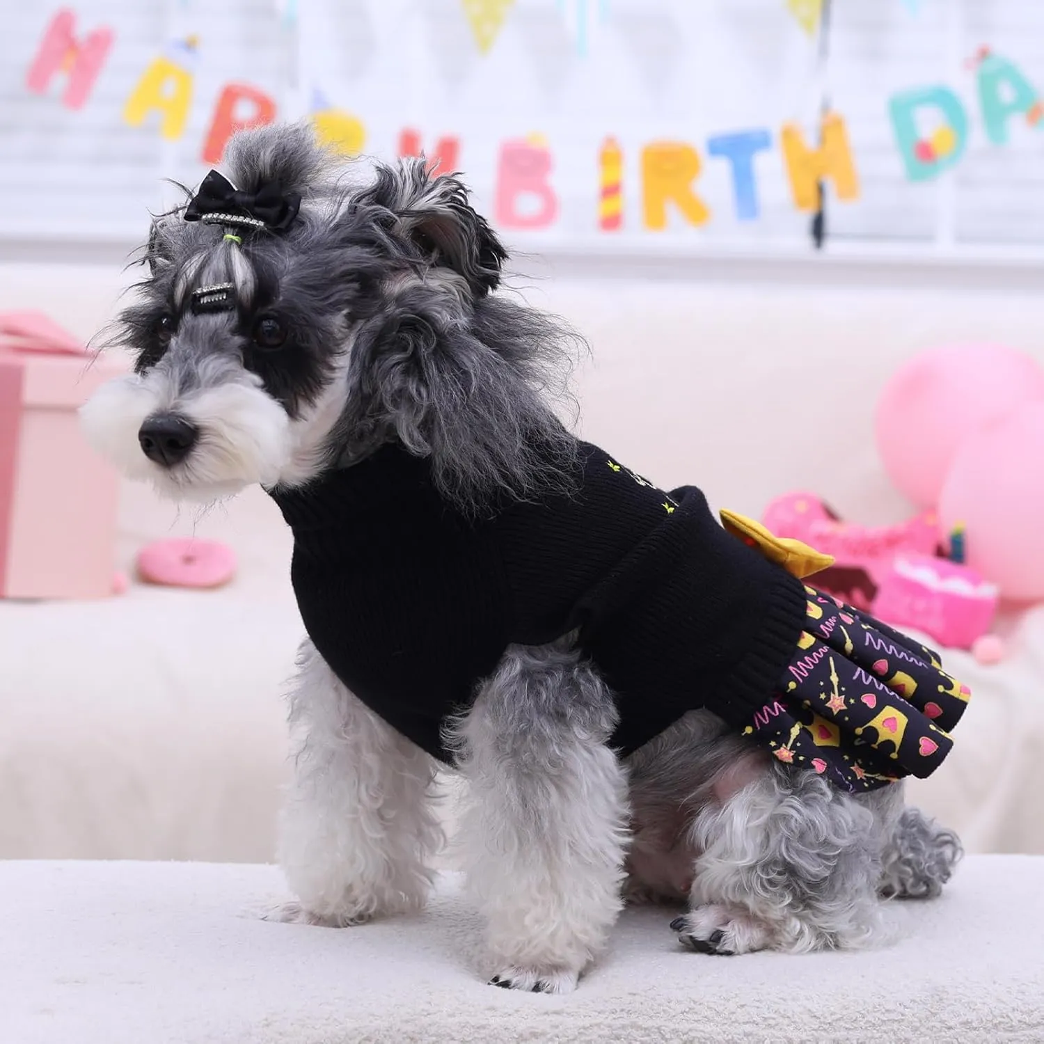 CuteBone Core Spun Birthday Dog Sweater Dress for Small Dogs Girl, Turtleneck Embroidery Medium Dog Sweater with Leash Hole, Dog Coat for Chihuahua Yorkie Teacup DS105S
