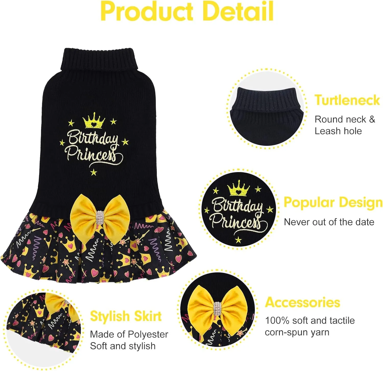 CuteBone Core Spun Birthday Dog Sweater Dress for Small Dogs Girl, Turtleneck Embroidery Medium Dog Sweater with Leash Hole, Dog Coat for Chihuahua Yorkie Teacup DS105S