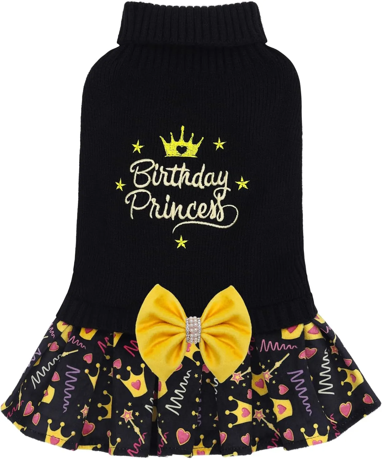 CuteBone Core Spun Birthday Dog Sweater Dress for Small Dogs Girl, Turtleneck Embroidery Medium Dog Sweater with Leash Hole, Dog Coat for Chihuahua Yorkie Teacup DS105S